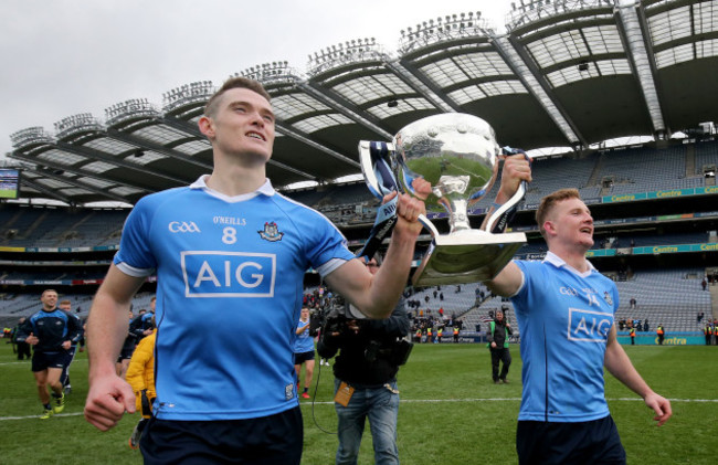 Brian Fenton and Ciar&aacute;n Kilkenny celebrate after the game