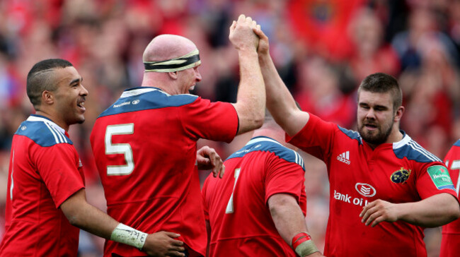 Simon Zebo, Paul O'Connell and Duncan Casey celebrate