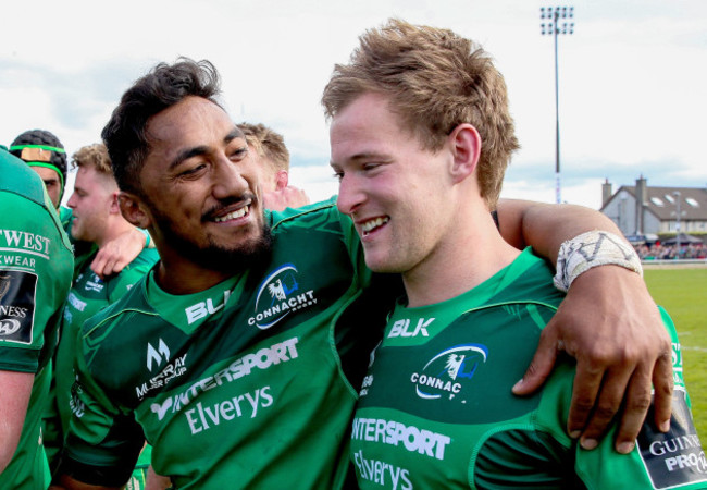 Bundee Aki and Kieran Marmion celebrate after the game