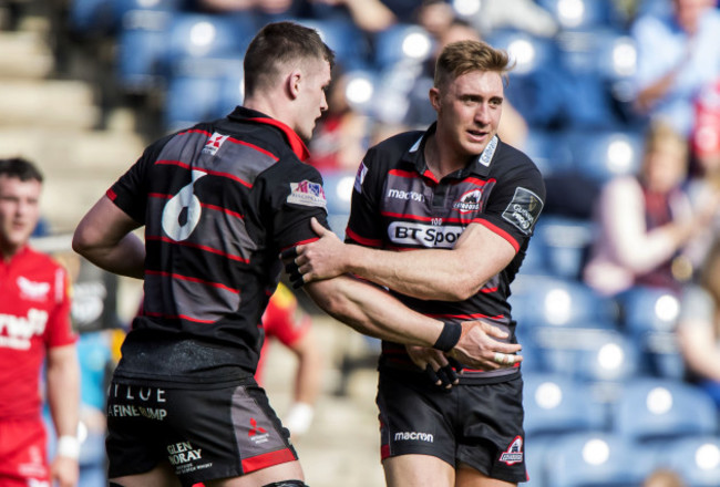 Magnus Bradbury celebrates after scoring try with Dougie Fife