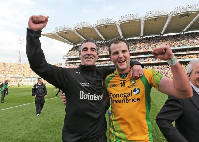 Jim McGuinness celebrates with Michael Murphy