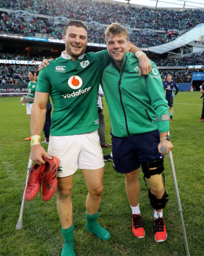 Jordi Murphy and Robbie Henshaw celebrate winning