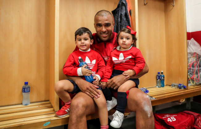 Simon Zebo with his son Jacob and daughter Sofia in the dressing room after the game