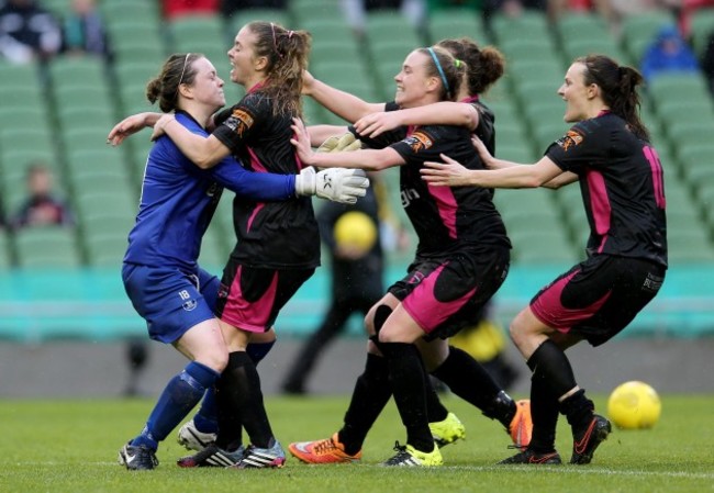 Mary Rose Kelly celebrates with her teammates after wining the penalty shoot-out