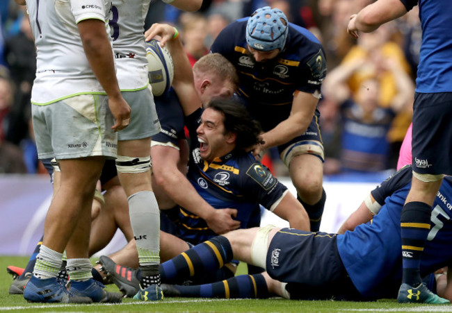 James Lowe celebrates his try