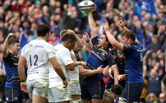 James Lowe celebrates his try