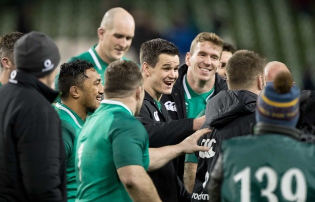 Johnny Sexton share a joke at the end of the game