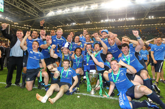 The Leinster team celebrate with the Heineken Cup
