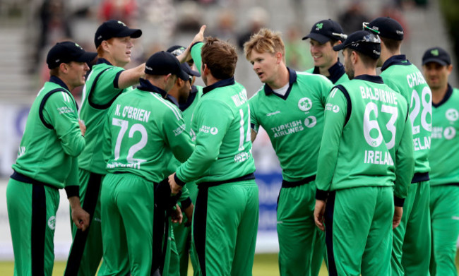 Barry McCarthy celebrates bowling a wicket with his teammates