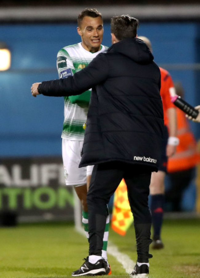 Graham Burke celebrates scoring a goal with Stephen Bradley