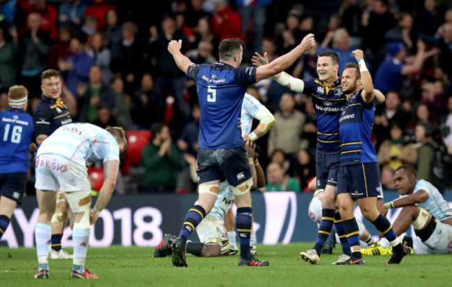 Jonathan Sexton, Jamison Gibson-Park and James Ryan celebrate at the final whistle