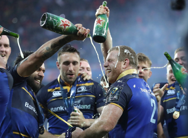 Sean Cronin and Isa Nacewa celebrate winning the European Rugby Champions Cup Final