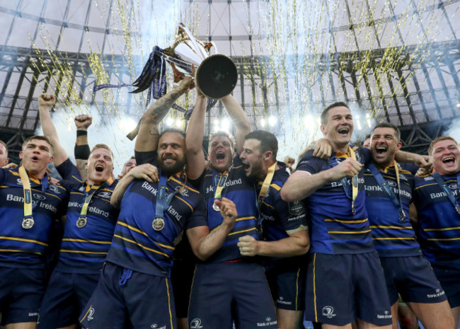 Isa Nacewa and Jordi Murphy lift the European Rugby Champions Cup trophy