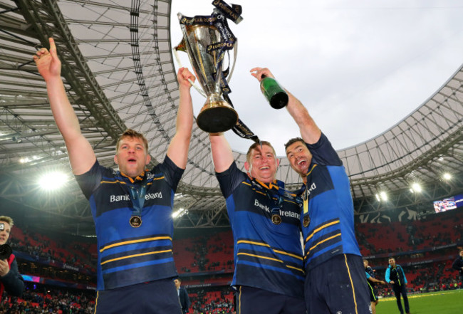 Jordi Murphy, Tadhg Furlong and Rob Kearney celebrate with the European Rugby Champions Cup after the game