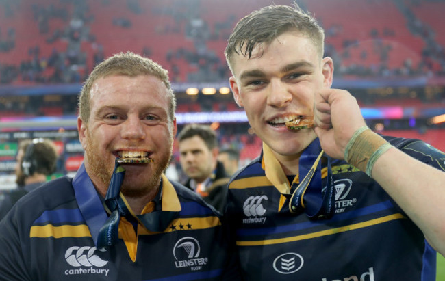 Sean Cronin and Garry Ringrose celebrate with their European Rugby Champions medals