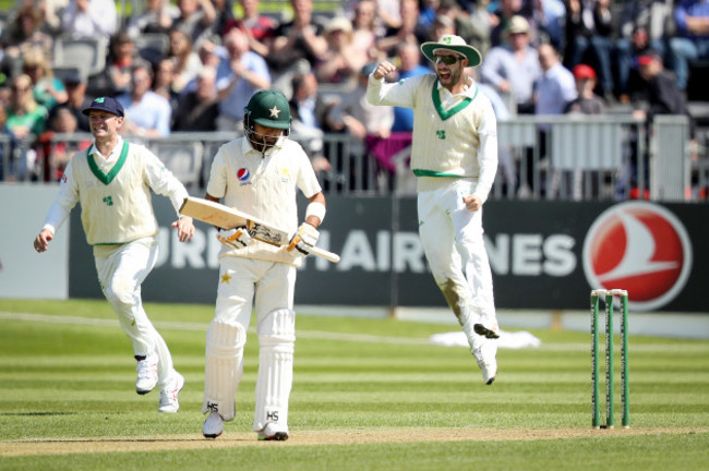 Andrew Balbernie and William Porterfield celebrate Paul Stirling catching Babar Azam