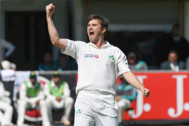 Tim Murtagh celebrates after taking the wicket of Imam-ul-Haq