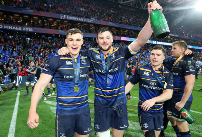 Garry Ringrose, Robbie Henshaw and Luke McGrath celebrate after the game
