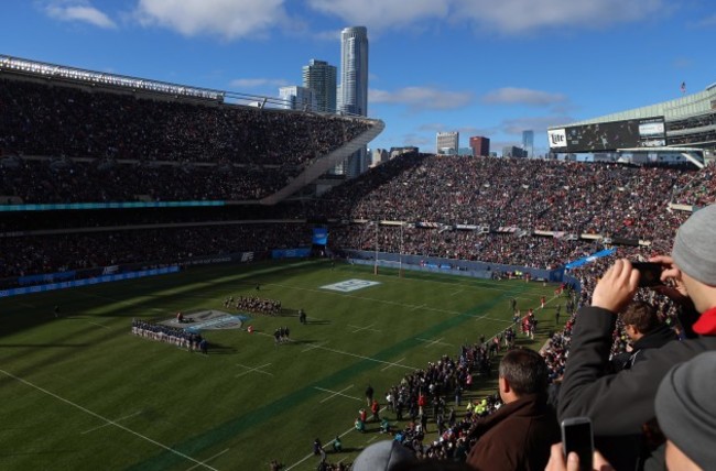 The All Blacks perform the Haka at Soldier Field