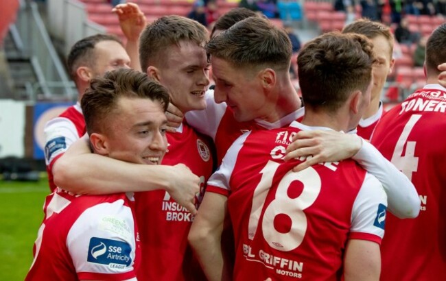 St. Patrick's Athletic players celebrate Dean Clarke's goal