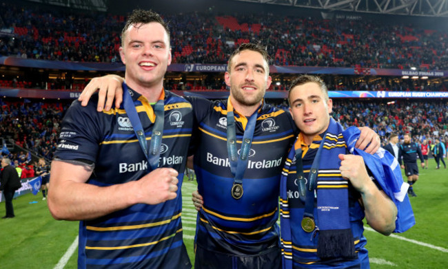 Leinster's James Ryan, Jack Conan and Jordan Larmour celebrate