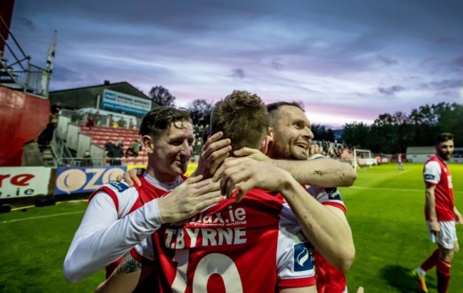 St. Patricks Athletic players congratulate goal scorer Thomas Byrne