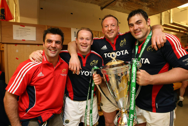 Brian Carney, Frankie Sheahan, Mick O'Driscoll and Tony Buckley in the changing room with the Heineken Cup Trophy