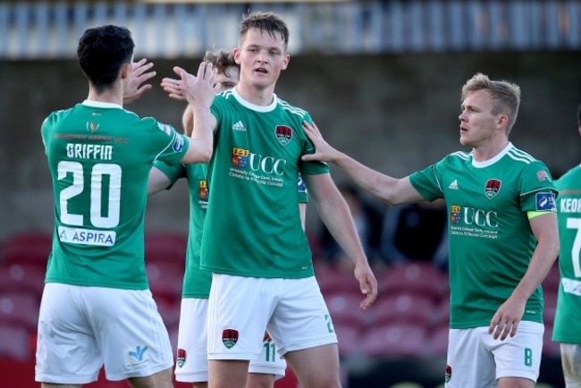 Sean McLoughlin celebrates scoring a goal with Shane Griffin and Conor McCormack