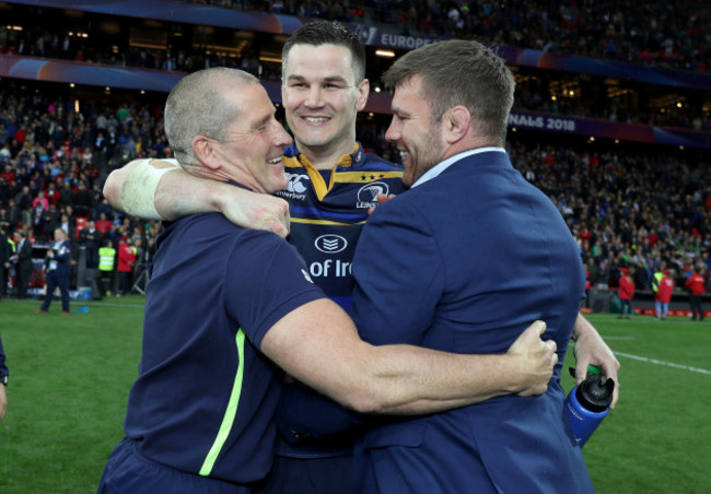 Stuart Lancaster, Jonathan Sexton and Sean O'Brien celebrate after the game