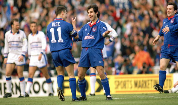 BT Sport, Football, pic: 9th April 1994, FA Cup Semi Final, Chelsea 2 v Luton Town 0, Chelsea's Gavin Peacock, having scored the 2nd goal, celebrates with Dennis Wise (11) as John Spencer rushes in, right