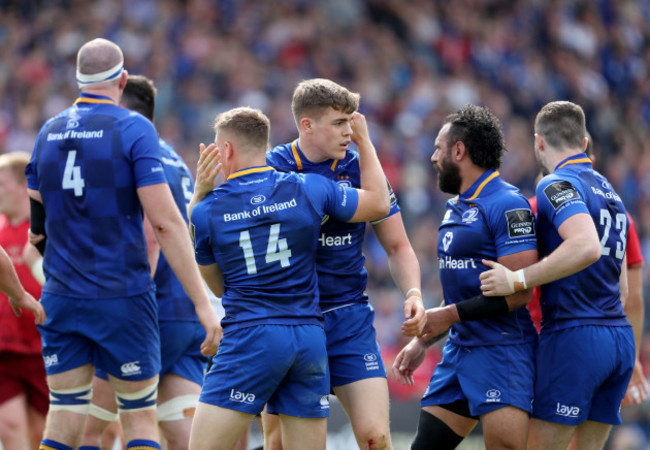 Jordan Larmour and Garry Ringrose celebrate winning a penalty