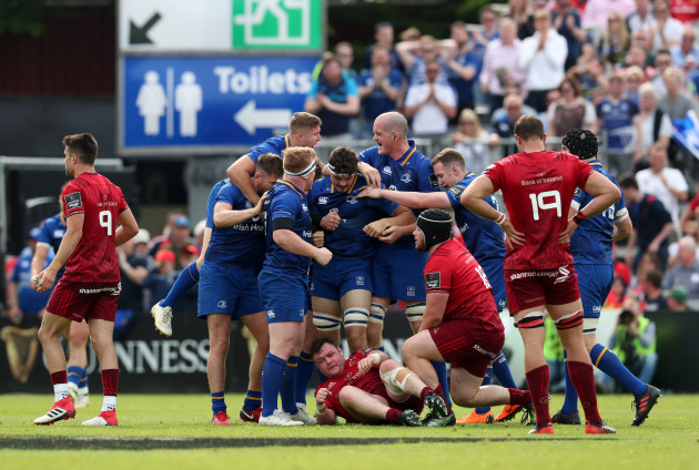 Leinster players celebrate at the final whistle