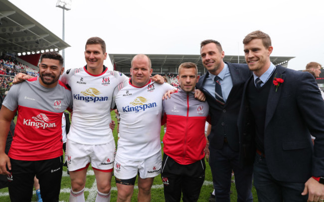 Ulster’s Charles Piutau Robbie Diack Callum Black Paul Marshall Tommy Bowe and Andrew Trimble celebrate after the match