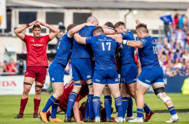 Leinster players celebrate winning a last minute penalty