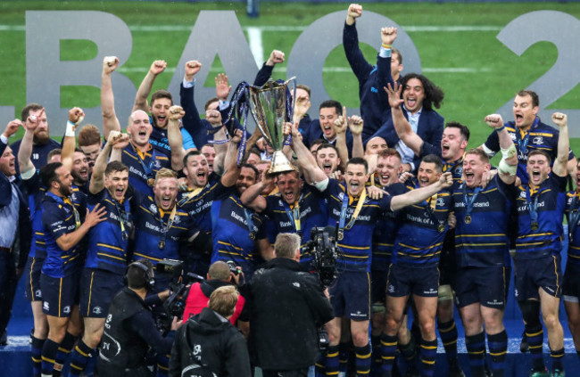 Leinster celebrate with the European Champions Cup Trophy