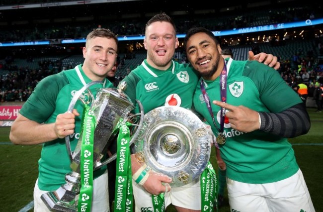 Jordan Larmour, Andrew Porter and Bundee Aki celebrate winning