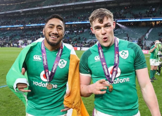 Bundee Aki and Garry Ringrose celebrate winning