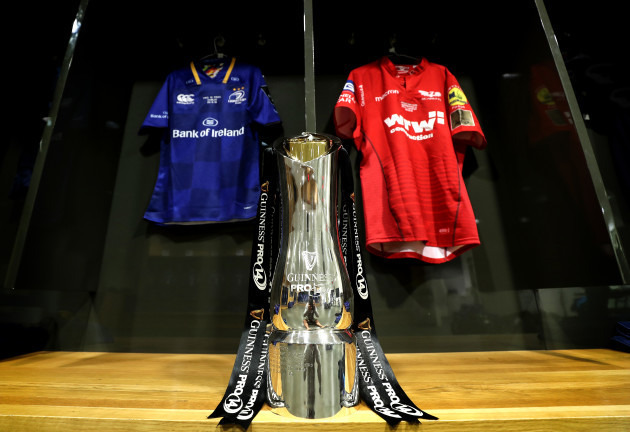 A view of the Guinness Pro14 trophy in the dressing room with the Leinster and Scarlets jerseys