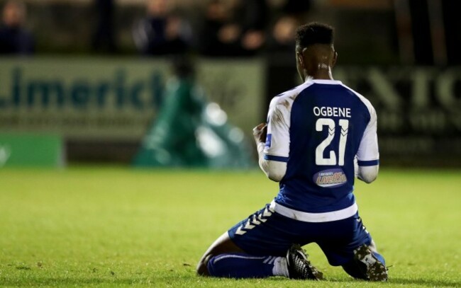 Chiedozie Ogbene celebrates at the final whistle