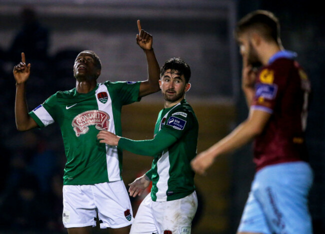 Chiedozie Ogbene celebrates scoring a goal with Sean Maguire
