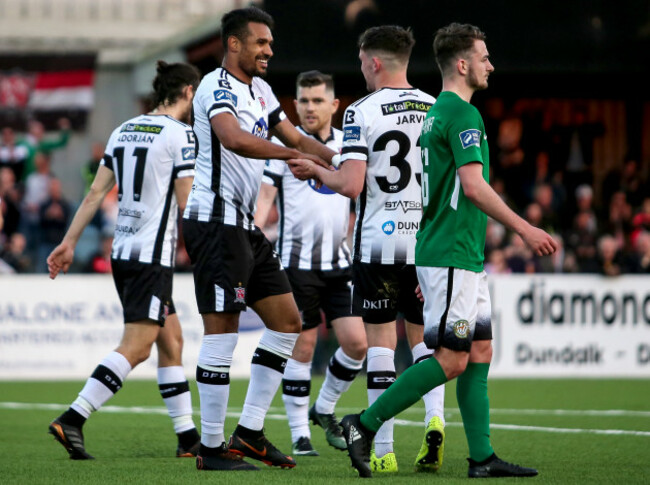 Marco Tagbajumi celebrates after scoring a goal