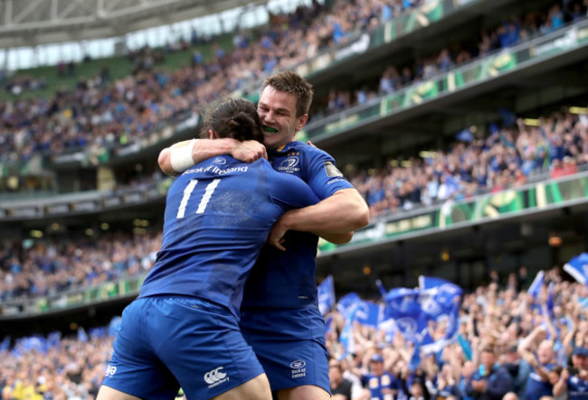 James Lowe celebrates scoring his sides second try with Jonathan Sexton