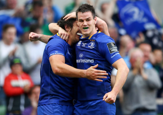 James Lowe celebrates scoring his sides second try with Jonathan Sexton