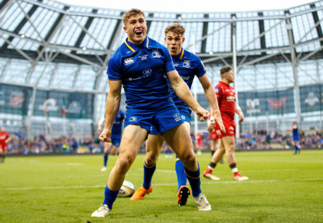 Jordan Larmour celebrates his try with Garry Ringrose