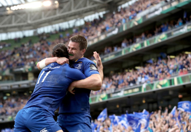James Lowe celebrates scoring his sides second try with Jonathan Sexton