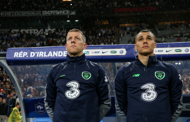 Shane Supple and Graham Burke during the national anthems