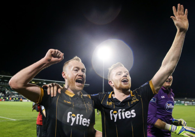 Chris Shields and Sean Hoare celebrate after the game