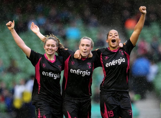 Emma Hansberry, Claire O'Riordan and Rianna Jarrett celebrate after winning on penalties