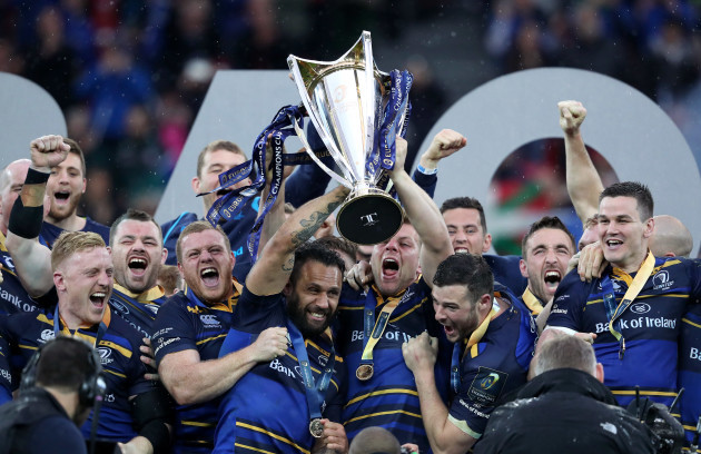 Isa Nacewa and Jordi Murphy lift the European Rugby Champions Cup trophy