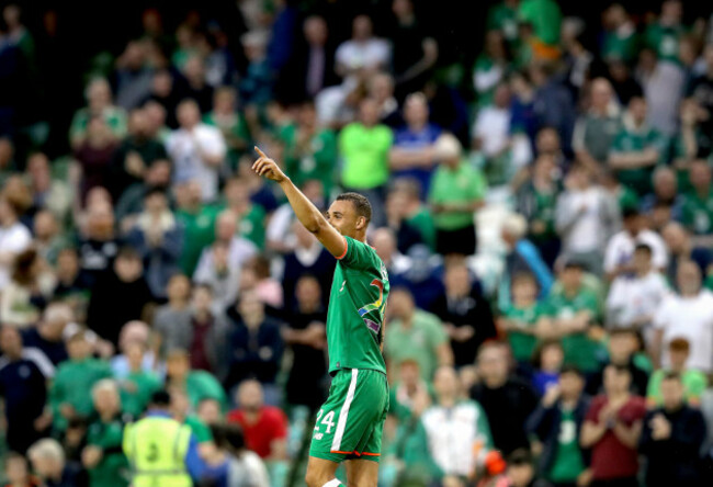 Graham Burke celebrates scoring their first goal